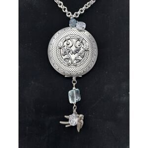 Victorian Look Silver Locket Pendant Necklace w/ Blue Crystals Bird Fob 18" Long